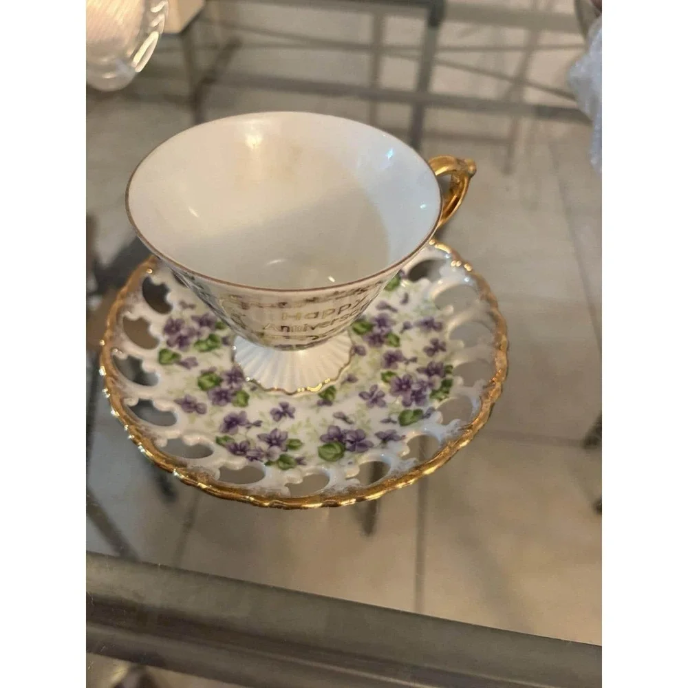 Vintage Lefton China Happy Anniversary Teacup Saucer Set Violets 2425 Japan